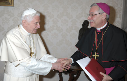 Bishop Anthony B. Taylor greets Pope Benedict XVI March 16, 2012. Photo courtesy Bishop Anthony B. Taylor. This photo may not be copied or redistributed without permission from the Catholic Diocese of Little Rock.