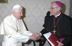 Bishop Anthony B. Taylor greets Pope Benedict XVI March 16, 2012. Photo courtesy Bishop Anthony B. Taylor. This photo may not be copied or redistributed without permission from the Catholic Diocese of Little Rock.